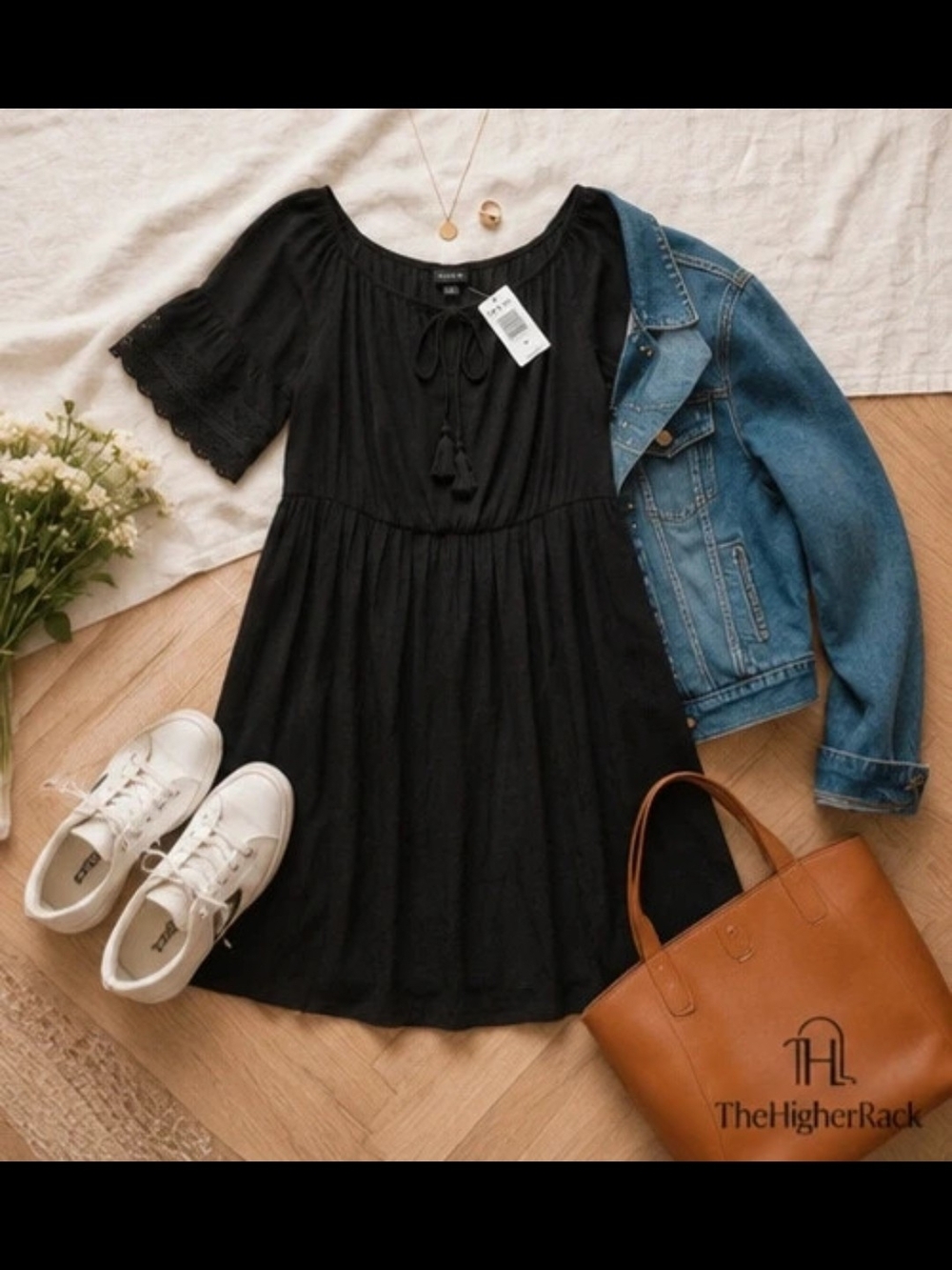 Black Short-Sleeve Babydoll Mini Dress with Tie Neck
